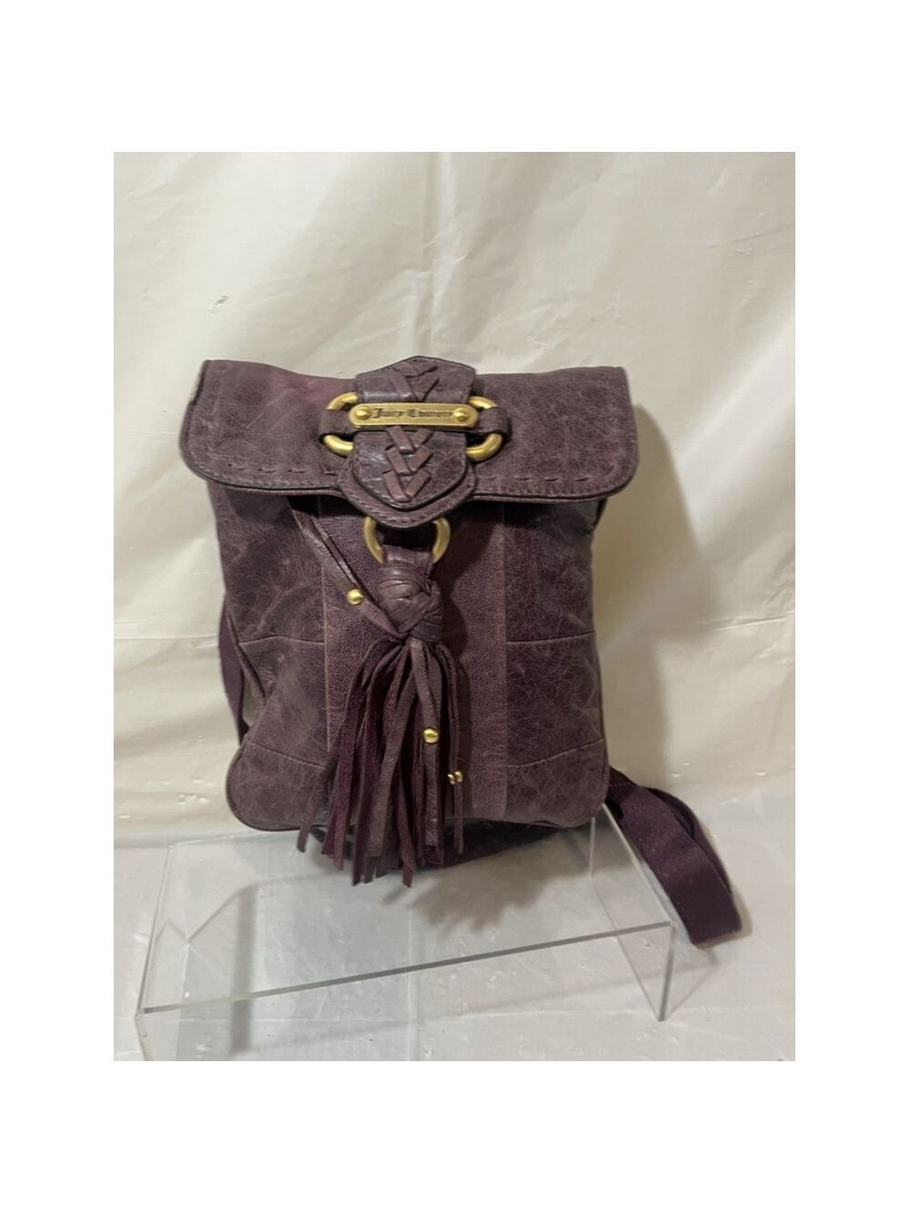 JUICY COUTURE WHIPSTITCH LEATHER TASSEL CROSSBODY BAG PURSE Plum Y2K - Picture 4 of 16